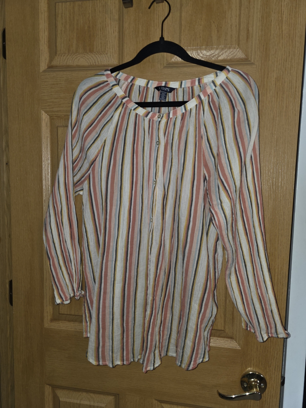 Chaps Multi-Stripe Button-Front Peasant Top - Cream, Rust, Mustard, Gray